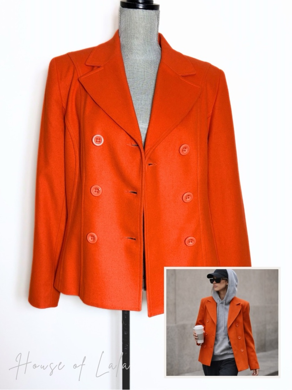 Lambswool Vintage Statement Coat. Louben Double Breasted Orange Jacket Size 10 - Picture 2 of 13